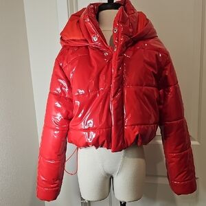Glossy Red Cropped Puffer Jacket with Hood - Women